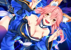 Rule 34 | 10s, 1girl, 2017, :d, animal ears, bare shoulders, blue kimono, blue thighhighs, blush, bow, breasts, cleavage, collarbone, cowboy shot, dated, detached collar, detached sleeves, dutch angle, fang, fate/extra, fate (series), fox ears, fox girl, fox shadow puppet, hair between eyes, hair bow, hand gesture, hands up, highres, japanese clothes, kimono, large breasts, long hair, m/, nebusoku, obi, open mouth, pelvic curtain, pink hair, sash, short hair, signature, smile, solo, strapless, tamamo (fate), tamamo no mae (fate/extra), thighhighs, tongue, twitter username, yellow eyes