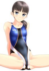 Rule 34 | 1girl, absurdres, black hair, blue eyes, blunt bangs, cameltoe, clothes writing, competition swimsuit, cowboy shot, female focus, gluteal fold, hair over shoulder, highres, looking at viewer, multicolored clothes, multicolored swimsuit, one-piece swimsuit, original, simple background, sitting, solo, spread legs, swimsuit, takafumi, white background