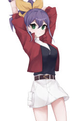 Rule 34 | 1girl, absurdres, arm behind head, arms up, belt, black shirt, bow hairband, breasts, brown belt, buckle, closed mouth, commentary, expressionless, fanny pack, green eyes, hairband, highres, jacket, large breasts, long hair, looking at viewer, ponytail, purple hair, red jacket, serena (yu-gi-oh!), shirt, sidelocks, simple background, skirt, solo, thighs, tsuji no, white background, white skirt, yellow hairband, yu-gi-oh!, yu-gi-oh! arc-v, zipper, zipper pull tab