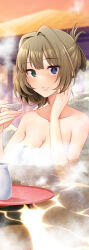 Rule 34 | 1girl, bath, bathing, blue eyes, blunt bangs, blush, breasts, brown hair, choko (cup), cleavage, collarbone, commentary request, cup, folded ponytail, green eyes, hand up, heterochromia, holding, holding cup, idolmaster, idolmaster cinderella girls, looking at viewer, medium breasts, mole, mole under eye, naked towel, onsen, outdoors, paid reward available, partially submerged, shirakaba masara, short hair, smile, solo, steam, takagaki kaede, tokkuri, towel, tray, water