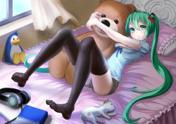 Rule 34 | 1girl, bad id, bad pixiv id, bed, bird, book, cat, curtains, green eyes, green hair, hatsune miku, headphones, long hair, looking at viewer, lying, matching hair/eyes, on back, penguin, pillow, shorts, smile, solo, stuffed animal, stuffed toy, teddy bear, thighhighs, tiaworks, twintails, very long hair, vocaloid, window