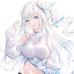 Rule 34 | 1girl, alternate color, blue eyes, breasts, detached sleeves, gem, high ponytail, highres, holding, holding gem, iotan twi, large breasts, long sleeves, looking at viewer, navel, parted lips, propro production, sweater, virtual youtuber, white background, white hair, white sweater, yumesaki mia