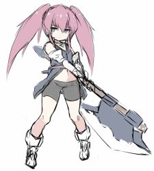 Rule 34 | 1girl, axe, bare shoulders, bike shorts, black shorts, blue eyes, closed mouth, coat, elbow gloves, full body, gloves, hair between eyes, holding, holding axe, karukan (monjya), long hair, looking at viewer, navel, pink hair, presea combatir, short shorts, shorts, sidelocks, simple background, sketch, sleeveless, sleeveless coat, solo, standing, tales of (series), tales of symphonia, twintails, white background