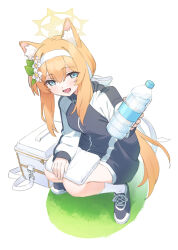 Rule 34 | 1girl, absurdres, animal ear fluff, bag, black jacket, blue archive, blue eyes, blush, bottle, commentary, flower, hair between eyes, hair flower, hair ornament, halo, headband, highres, holding, holding bottle, jacket, joker (tomakin524), long hair, long sleeves, looking at viewer, mari (blue archive), mari (track) (blue archive), open mouth, orange hair, shoes, simple background, sneakers, socks, solo, squatting, towel, very long hair, water bottle, white flower, white headband, white socks
