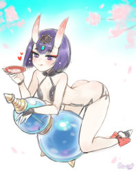 Rule 34 | 1girl, :q, alcohol, ass, blush, breasts, butt crack, cherry blossoms, cup, eyebrows, fate/grand order, fate (series), heart, horns, looking at viewer, oni, petals, purple eyes, purple hair, rewolf, sakazuki, sake, short eyebrows, short hair, shuten douji (fate), sketch, smile, solo, tongue, tongue out