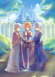 Rule 34 | 1girl, 2boys, acolyte (ragnarok online), belt, black pants, blonde hair, blue sky, bob cut, brown belt, brown capelet, brown dress, brown footwear, brown gloves, brown pants, brown shirt, bush, cape, capelet, cassock, castle, chest guard, cloud, commentary request, crescent, crescent hair ornament, day, dress, feathered wings, floral print, flower, gate, gauntlets, gloves, grass, hair flower, hair ornament, head wings, long sleeves, mage (ragnarok online), multiple boys, norapeko, outdoors, own hands together, pants, planted, planted sword, planted weapon, pointy ears, ragnarok online, rose print, shirt, shoes, short hair, sky, standing, swept bangs, sword, swordsman (ragnarok online), tree, weapon, white cape, white hair, white wings, wings