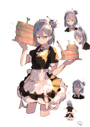 Rule 34 | 1girl, puff of air, aqua eyes, artist name, cake, closed mouth, cropped legs, enj!, expressionless, food, from side, grey hair, hair between eyes, hair bun, highres, holding, holding food, holding tray, looking at viewer, maid, maid headdress, multiple views, original, pointy ears, short sleeves, signature, simple background, sketch, tray, white background