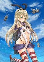 Rule 34 | 10s, 1girl, :&lt;, anchor, anchor hair ornament, azuuru (azure0608), bad id, bad pixiv id, bare shoulders, black panties, blonde hair, blush, breasts, elbow gloves, gloves, green eyes, hair ornament, hair ribbon, highres, kantai collection, kneeling, long hair, looking at viewer, navel, panties, personification, rensouhou-chan, ribbon, sailor collar, shimakaze (kancolle), skirt, small breasts, solo, striped clothes, striped thighhighs, thighhighs, thong, torn clothes, underwear, white gloves