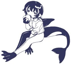 Rule 34 | 1girl, animal feet, animal hands, cetacean tail, claws, collared shirt, commentary, dorsal fin, fins, fish tail, food, full body, hand up, highres, holding, holding food, looking at viewer, monochrome, monster girl, multicolored hair, onigiri, open mouth, orca girl, original, pants, rra (yj), sharp teeth, shirt, short hair, simple background, sitting, solo, streaked hair, symbol-only commentary, tail, teeth, webbed feet, webbed hands, white background