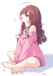Rule 34 | 1girl, ahoge, barefoot, blue eyes, bug, butterfly, flower in mouth, hair between eyes, highres, ichinose shiki, idolmaster, idolmaster cinderella girls, indian style, insect, long hair, petals, shiohari kanna, signature, simple background, sitting, wavy hair, white background