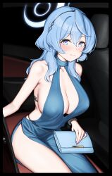 Rule 34 | 1girl, ako (blue archive), ako (dress) (blue archive), backless dress, backless outfit, bag, bare arms, bare shoulders, blue archive, blue dress, blue eyes, blue hair, blue halo, blush, breasts, car interior, chagama teishoku, closed mouth, commentary request, dress, hair between eyes, hairband, halo, handbag, highres, large breasts, long hair, looking at viewer, official alternate costume, partial commentary, plunging neckline, sitting, sleeveless, sleeveless dress, smile, solo
