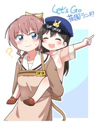 Rule 34 | 2girls, :d, ?, ^ ^, aged down, apron, bang dream!, black hair, blue eyes, brown apron, brown dress, brown footwear, brown hair, carrying, child, closed eyes, commentary request, dress, gyaheung, hair ribbon, hanazono tae, hand on another&#039;s shoulder, hat, highres, long sleeves, multiple girls, name tag, open mouth, outline, piggyback, pink shirt, pointing, police hat, ponytail, ribbon, sailor dress, shirt, short sleeves, sidelocks, smile, sweatdrop, time paradox, translation request, upper body, white outline, yamabuki saya, yellow ribbon