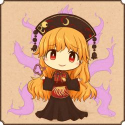 Rule 34 | 1girl, puff of air, akihiyo, animal print, black dress, blonde hair, blush, brown background, brown theme, chibi, chinese clothes, dress, energy, fox tail, framed, hands up, hat, head tilt, highres, junko (touhou), long hair, long sleeves, looking at viewer, multiple tails, obi, open hands, red eyes, ribbon, sash, simple background, smile, solo, tabard, tail, touhou, very long hair