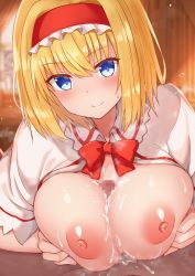 Rule 34 | 1boy, 1girl, absurdres, alice margatroid, blonde hair, blue eyes, bow, bowtie, breasts, capelet, censored, closed mouth, cum, cum on body, cum on breasts, cum on upper body, hairband, hetero, highres, large breasts, looking at viewer, mosaic censoring, nipples, paizuri, penis, pov, pov crotch, red hairband, red neckwear, smile, solo focus, tksand, touhou, upper body