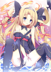 Rule 34 | 1girl, :o, arm ribbon, bad id, bad pixiv id, bare shoulders, between legs, black thighhighs, blonde hair, blue eyes, blush, bow, breasts, buckle, cleavage, detached collar, detached sleeves, fire, glowing, gradient background, gradient hair, hair bow, hair ribbon, hand between legs, holding, holding weapon, kashi madoushi fam, light particles, long hair, looking at viewer, lord of valkyrie, lord of walkure, magic circle, multicolored hair, open mouth, parted bangs, pointy ears, ribbon, side slit, sitting, small breasts, solo, spread legs, staff, suzuame yatsumi, thighhighs, tiara, twintails, two side up, very long hair, weapon, zipper