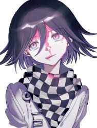 Rule 34 | 1boy, @ @, blood, blood drip, blood on clothes, blood on face, checkered clothes, checkered scarf, danganronpa (series), danganronpa v3: killing harmony, flipped hair, hair between eyes, injury, licking blood, licking lips, looking to the side, male focus, moi03 moi08, oma kokichi, pale skin, pink blood, pink eyes, portrait, purple eyes, purple hair, ringed eyes, scarf, short hair, solo, tongue, tongue out, white background