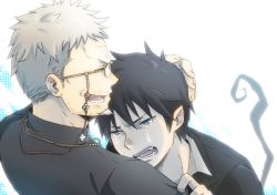 Rule 34 | 2boys, ao no exorcist, bad id, bad pixiv id, black hair, blonde hair, collared shirt, formal, fujimoto shirou, glasses, half-closed eyes, male focus, multiple boys, okumura rin, pakkaane, parted lips, pointy ears, shirt, simple background, suit, tears, teeth, upper body, white background