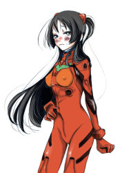 Rule 34 | 1girl, akiyama mio, black hair, breasts, breasts apart, character request, cosplay, covered erect nipples, cowboy shot, embarrassed, from side, frown, glico (artist), half-closed eyes, hand on own hip, k-on!, long hair, neon genesis evangelion, plugsuit, plugsuit (cosplay), simple background, small breasts, solo, souryuu asuka langley, souryuu asuka langley (cosplay), standing, tears, twintails, two side up, very long hair, white background