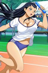 Rule 34 | 1girl, baton, black hair, blue eyes, breasts, cleavage, holding, holding baton, ikkitousen, large breasts, long hair, open mouth, running, shirt, solo, tongue, white shirt