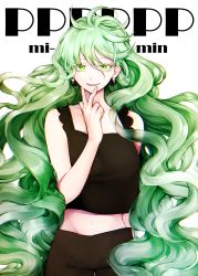 Rule 34 | 1girl, black pants, character name, copyright name, earrings, green eyes, green hair, hair between eyes, hand up, highres, jewelry, long hair, looking at viewer, messy hair, midriff, otogami mimin, pants, pppppp, simple background, smile, solo, standing, utsuginoki, very long hair, wavy hair, white background