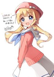 1girl :d blonde_hair blue_eyes blue_neckerchief blunt_bangs blush cowboy_shot dated dot_nose haru_(konomi_150) hashtag-only_commentary hat highres indie_virtual_youtuber long_hair long_sleeves looking_at_viewer luchina_(vtuber) neckerchief open_mouth pink_sweater red_hat sailor_collar signature simple_background skirt smile solo sweater translation_request white_background white_sailor_collar white_skirt