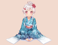 Rule 34 | 1girl, blue kimono, blush, collarbone, floral print, flower, grey background, hair flower, hair ornament, highres, japanese clothes, kimono, kneeling, long sleeves, looking at viewer, obi, original, parted lips, print kimono, red eyes, red flower, sash, short hair with long locks, simple background, solo, wakkuchin20, white hair, wide sleeves