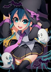 Rule 34 | 1girl, adjusting clothes, adjusting headwear, aqua eyes, aqua hair, bad id, bad twitter id, bat (animal), black nails, black sleeves, black thighhighs, blouse, blue bow, bow, candy, collared shirt, commentary, detached sleeves, food, forute na, ghost, graveyard, grey shirt, halloween, halloween costume, hat, hat bow, hatsune miku, highres, jack-o&#039;-lantern ornament, leaning forward, long hair, looking at viewer, nail polish, necktie, open mouth, purple necktie, shirt, sleeveless, sleeveless shirt, smile, solo, standing, thighhighs, twintails, vocaloid, wing collar, witch hat