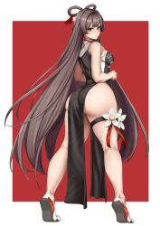 Rule 34 | 1girl, ass, bare shoulders, black gloves, braid, breasts, brown hair, china dress, chinese clothes, dress, flower, from behind, fujita ichi, gloves, goddess of victory: nikke, hair ribbon, hair rings, half gloves, highleg, highleg dress, highres, long hair, medium breasts, navel, red eyes, ribbon, shoes, sneakers, solo, thigh strap, twin braids, very long hair, yan (nikke)