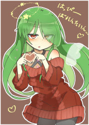 Rule 34 | 1girl, alternate costume, bare shoulders, brown background, green hair, hair over one eye, heart, heart hands, kazami yuuka, kazami yuuka (pc-98), long hair, looking at viewer, matsu kitsune, open mouth, outline, red eyes, red sweater, simple background, solo, sweater, touhou, touhou (pc-98), translation request, white outline