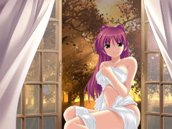 Rule 34 | 00s, 1girl, bare shoulders, bed sheet, breasts, brown eyes, closed mouth, collarbone, covering privates, curtains, eyebrows hidden by hair, eyes visible through hair, hair between eyes, indoors, kousaka tamaki, large breasts, long hair, looking at viewer, midriff, naked sheet, naughty face, navel, neck, nude, nude cover, red hair, smile, solo, straight hair, sunset, thick thighs, thighs, to heart (series), to heart 2, tree, twintails, window