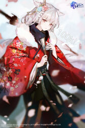 Rule 34 | 1girl, absurdres, animal ears, azur lane, cherry blossoms, copyright name, cowboy shot, floral print, flower, folding fan, fur-trimmed kimono, fur trim, furisode, hair flower, hair ornament, hair stick, hand fan, highres, japanese clothes, kimono, logo, long sleeves, looking at viewer, medium hair, montpelier (azur lane), montpelier (flower of the snowy night) (azur lane), non-web source, official alternate costume, official art, petals, red eyes, second-party source, smile, solo, standing, umbrella, watermark, white hair, wide sleeves, yueko (jiayue wu)