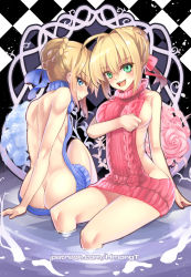 Rule 34 | 10s, 2girls, :d, ahoge, aran sweater, argyle, argyle background, argyle clothes, arm behind back, artoria pendragon (all), artoria pendragon (fate), ass, backless dress, backless outfit, bare back, bare shoulders, blonde hair, blue eyes, blue ribbon, blue sweater, blush, breasts, butt crack, cable knit, closed mouth, dress, fate/extella, fate/extra, fate/grand order, fate/stay night, fate (series), flower, from behind, full body, green eyes, hair between eyes, hair intakes, hair ribbon, halterneck, head tilt, hm (hmongt), looking at viewer, looking back, medium breasts, meme attire, multiple girls, naked sweater, nero claudius (fate), nero claudius (fate) (all), nero claudius (fate/extra), no panties, open mouth, pink flower, pink ribbon, pink rose, pink sweater, profile, ribbon, rose, saber (fate), smile, sweater, sweater dress, turtleneck, turtleneck sweater, virgin killer sweater, watermark, web address