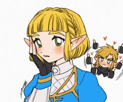 Rule 34 | 1boy, 1girl, black gloves, blonde hair, blue eyes, blue shirt, blush, braid, crown braid, fingerless gloves, gloves, hand on own chin, heart, highres, link, long hair, looking at another, looking at viewer, mouyi, nintendo, official alternate hairstyle, parted lips, pointy ears, princess zelda, prototype design, puffy sleeves, shirt, short hair, sidelocks, signature, simple background, the legend of zelda, the legend of zelda: tears of the kingdom, thumbs up, v-shaped eyebrows, white background
