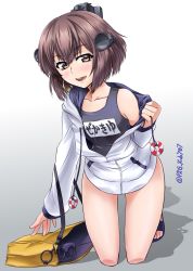 Rule 34 | 1girl, absurdres, akito (sub707), black one-piece swimsuit, brown eyes, brown hair, drawstring, flat chest, gradient background, headset, highres, hood, hooded jacket, hoodie, jacket, kantai collection, kneeling, looking at viewer, name tag, one-piece swimsuit, sandals, school swimsuit, short hair, simple background, solo, speaking tube headset, swimsuit, twitter username, white background, white jacket, yukikaze (kancolle)