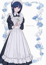 Rule 34 | 1girl, :o, amayadori uki, apron, black dress, blue flower, blue hair, blush, dress, flower, hands up, hibike! euphonium, highres, holding, holding flower, lily of the valley, liz to aoi tori, long hair, long sleeves, looking at viewer, maid, maid apron, maid headdress, parted lips, red eyes, solo, standing, white apron, white background, yoroizuka mizore
