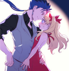 Rule 34 | 1boy, 1girl, black shirt, blonde hair, blue eyes, blue hair, blush, cu chulainn (fate), cu chulainn (fate/stay night), dress, earrings, ereshkigal (fate), fate/grand order, fate (series), hair ribbon, hairband, jewelry, long hair, looking at another, nail polish, open mouth, ponytail, red dress, red eyes, ribbon, shirt, short hair, simple background, sleeveless, sleeveless shirt, smile, tetsukuzu tetsuko, twintails, upper body, white background