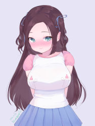 Rule 34 | 1girl, arms behind back, artist name, blue ribbon, blue skirt, blush, bottle, breasts, brown hair, closed mouth, dated, elephant, full-face blush, green eyes, grey background, hair ribbon, large breasts, long hair, looking at viewer, milk bottle, nose blush, original, pleated skirt, ribbon, sidelocks, signature, simple background, skirt, smile, solo, two side up, upper body, ushinomiya, wavy hair, wings