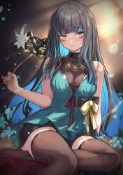 Rule 34 | 1girl, bare shoulders, black hair, blue hair, breasts, brown thighhighs, colored inner hair, dress, eyeliner, fate/grand order, fate (series), green dress, grey eyes, highres, jewelry, long hair, looking at viewer, makeup, mask, masquerade mask, medium breasts, multicolored hair, necklace, sidelocks, sitting, smile, solo, tenochtitlan (event portrait) (fate), tenochtitlan (fate), thighhighs, thighs, ura illust