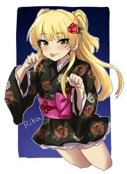 Rule 34 | 1girl, :p, blonde hair, blush, border, bow, breasts, character name, clenched hands, closed mouth, commentary, cowboy shot, cropped legs, dot nose, floral print, floral print kimono, flower, gradient background, green eyes, hair flower, hair ornament, hands up, highres, idolmaster, idolmaster cinderella girls, idolmaster cinderella girls starlight stage, japanese clothes, jougasaki rika, kimono, koubashiifuna, long hair, long sleeves, looking at viewer, obi, obijime, outside border, pink bow, red flower, red rose, rose, rose print, sash, short kimono, simple background, small breasts, smile, solo, standing, star (sky), tongue, tongue out, two side up, white border, wide sleeves