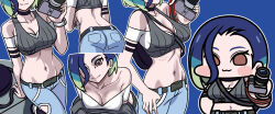 Rule 34 | 1girl, :3, ass, bare shoulders, bent over, between breasts, black choker, blue background, blue hair, blush stickers, bob cut, breasts, brown eyes, camera, chibi, choker, cleavage, closed mouth, collarbone, commentary, creatures (company), crop top, denim, game freak, grey shirt, groin, hair between eyes, hand on own hip, holding, holding camera, jazz jack, jeans, large breasts, looking at viewer, midriff, multiple views, navel, nintendo, off-shoulder shirt, off shoulder, pants, perrin (pokemon), pokemon, pokemon sv, ribbed shirt, shirt, short sleeves, sleeveless, sleeveless shirt, smile, standing, strap between breasts, undershirt, watch, wristwatch