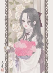 Rule 34 | 1girl, border, bouquet, bow, brown bow, brown ribbon, commentary, eyelashes, floral background, flower, framed, frilled shirt collar, frills, gloves, grey eyes, grey gloves, grey hair, hair bow, hair over one eye, half updo, highres, holding, holding bouquet, holding flower, japanese clothes, kimono, long hair, long sleeves, looking at viewer, neck ribbon, obi, original, outside border, pale skin, parted bangs, parted lips, pink flower, pink rose, pocket watch, ribbon, rose, sash, seal impression, signature, solo, standing, symbol-only commentary, upper body, ushiyama ame, watch, white flower, white kimono, white rose, wide sleeves
