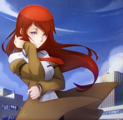 Rule 34 | 1girl, absurdres, adjusting hair, brown hair, city, day, dress shirt, hand on own stomach, highres, jacket, lightartist, long hair, looking at viewer, makise kurisu, necktie, open clothes, open jacket, outdoors, purple eyes, red necktie, shirt, signature, solo, steins;gate, white shirt
