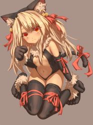Rule 34 | 1girl, animal ears, animal hands, bad id, bad twitter id, black gloves, black leotard, black thighhighs, blonde hair, cat ears, cat tail, dangeroes beast (illya), elbow gloves, fate/kaleid liner prisma illya, fate (series), full body, fur trim, gloves, grey background, highres, illyasviel von einzbern, kneeling, leotard, long hair, looking at viewer, navel, official alternate costume, osobachan, paw gloves, red eyes, red ribbon, revealing clothes, ribbon, simple background, solo, tail, thighhighs