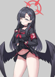 Rule 34 | 1girl, armband, black choker, black gloves, black hair, black panties, black sailor collar, black serafuku, black skirt, black wings, blue archive, breasts, choker, clothes lift, commentary request, feathered wings, gloves, hair ornament, hairclip, halo, highres, ichika (blue archive), lifting own clothes, long sleeves, low wings, medium breasts, miniskirt, neckerchief, one eye closed, panties, pleated skirt, poorgom, red armband, red halo, red neckerchief, safety pin, sailor collar, school uniform, serafuku, skirt, skirt lift, smile, solo, underwear, wings