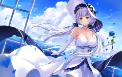 Rule 34 | 1girl, :o, azur lane, bare shoulders, bird, black bow, black hair, blue eyes, blue flower, blue rose, blush, bow, breasts, cherim, cleavage, collarbone, dress, feet out of frame, flower, hand on railing, hat, hat bow, holding, holding flower, horizon, illustrious (azur lane), large breasts, layered dress, light purple hair, long hair, looking at viewer, low twintails, ocean, parted lips, petals, railing, rose, rose petals, solo, standing, strapless, strapless dress, sun hat, twintails, very long hair, water, white dress, white hat