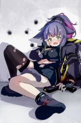 Rule 34 | 1girl, animal ears, anklet, arknights, backpack, bag, black bag, black footwear, black gloves, black jacket, black shorts, black thighhighs, blue hair, blush, breasts, bullet hole, cat ears, cat girl, cat tail, crying, crying with eyes open, fingerless gloves, gloves, green eyes, gun, handgun, infection monitor (arknights), jacket, jessica (arknights), jessica (ash) (arknights), jewelry, lolitamomoya, long hair, long sleeves, medium breasts, midriff, multicolored hair, navel, official alternate costume, open clothes, open jacket, open mouth, ponytail, purple hair, shirt, shorts, single thighhigh, solo, streaked hair, tail, tail around own leg, tears, thighhighs, torn clothes, torn shirt, torn thighhighs, weapon