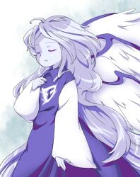 Rule 34 | 1girl, blue dress, blue skin, closed eyes, collared dress, colored skin, dress, feathered wings, hand on own chest, hand up, long hair, long sleeves, multiple wings, nonamejd, official style, open mouth, sariel (touhou), solo, touhou, touhou (pc-98), very long hair, white hair, white wings, wide sleeves, wings, zun (style)
