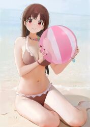 Rule 34 | 1girl, absurdres, ball, bare legs, bare shoulders, barefoot, beach, beachball, bikini, breasts, brown bikini, brown eyes, brown hair, cleavage, closed mouth, commentary request, fingernails, food-themed necklace, highres, hitodama (madatohi), holding, holding ball, idolmaster, idolmaster shiny colors, large breasts, long hair, looking at viewer, nail polish, navel, ocean, outdoors, red nails, sitting, smile, solo, sonoda chiyoko, swimsuit, thighs, yokozuwari