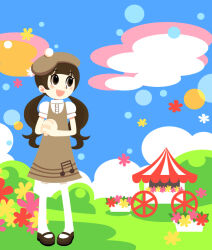Rule 34 | 1girl, :d, adobe illustrator (medium), beret, blue sky, blush, brown footwear, bush, cloud, day, dress, flower, full body, grass, hat, mary janes, minimalism, musical note, musical note print, no lineart, open mouth, own hands clasped, own hands together, pantyhose, pink flower, pop&#039;n music, puffy short sleeves, puffy sleeves, red flower, sanae-chan, shio (orange lounge), shirt, shoes, short sleeves, sky, smile, standing, wagon, white pantyhose, white shirt, yellow flower