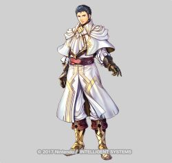 Rule 34 | 1boy, arm up, armor, armored boots, ascot, belt, black hair, boots, capelet, closed mouth, fire emblem, fire emblem: thracia 776, fire emblem heroes, gloves, grey background, looking at viewer, male focus, nintendo, official alternate costume, reinhardt (fire emblem), simple background, solo, source request, takaya tomohide